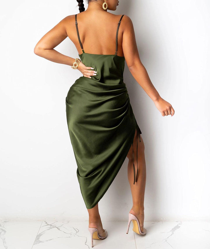 Women's Spaghetti Strap Satin Dress Sleeveless Cowl Neck Slit Lace Up Drawstring Ruched Brown Cocktail Midi Dress(BR,M)