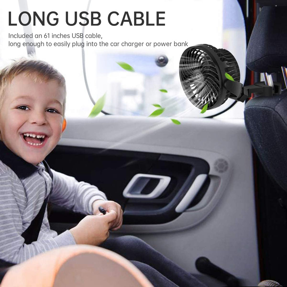 Car Fan, USB Powered Car Cooling Fan, 4 Speed Strong Wind 5V Rear Seat Air Circulation Fan with Durable Hook for Vehicles SUV RV(USB Powered Only)