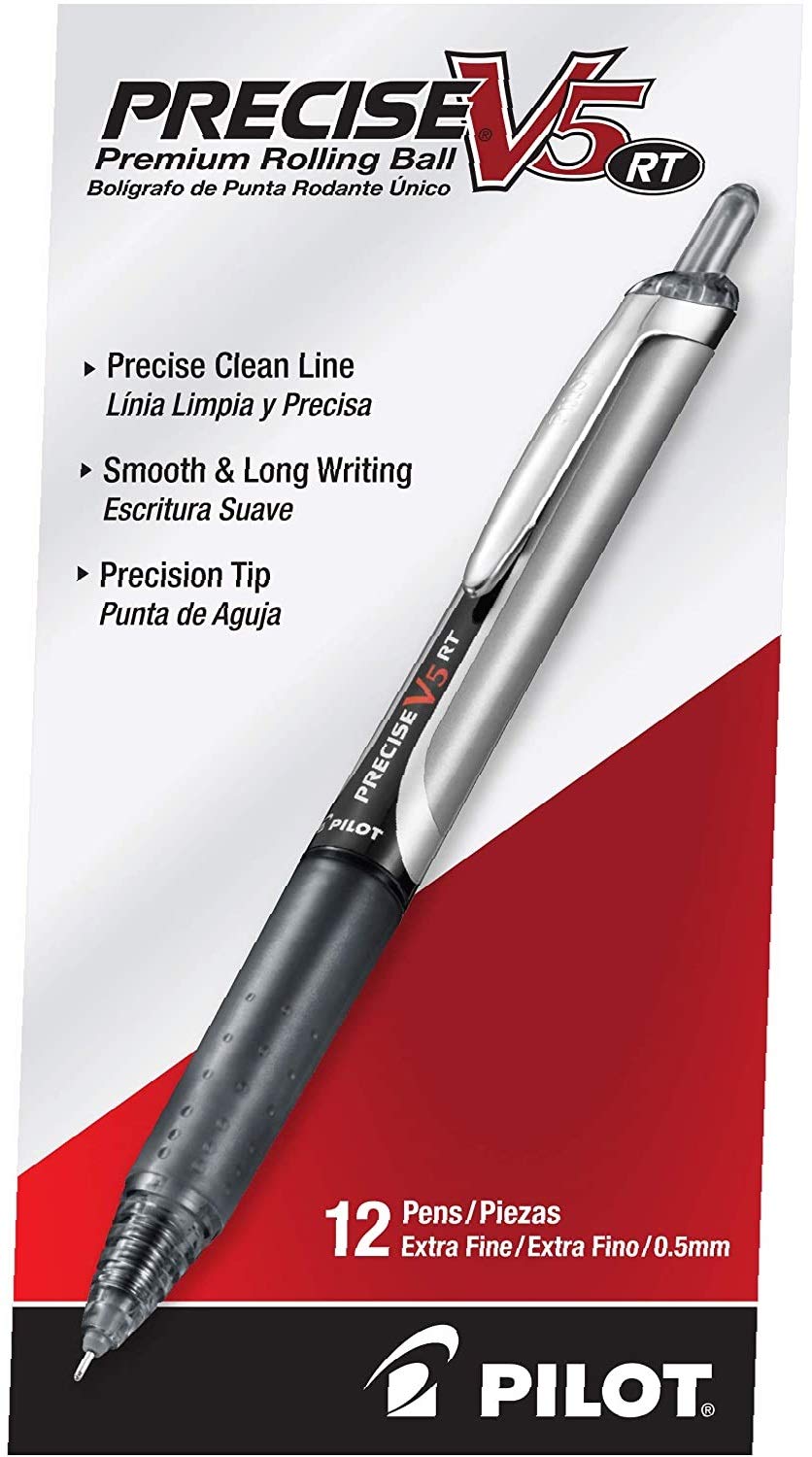 , Precise V5 RT Refillable & Retractable Rolling Ball Pens, Extra Fine Point 0.5 mm, Black, Pack of 12