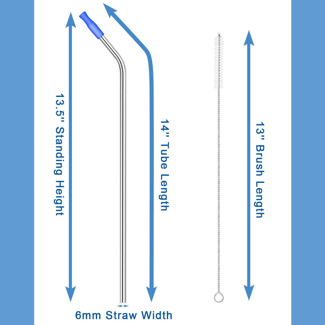 10 Pieces 14 Inch Stainless Steel Straw Extra Long Reusable Bent Straw for 100 oz Tumblers with 10 Silicone Tips and 1 Cleaning Brush for Tall Cups, Wide Insulated Travel Mug(Silver)