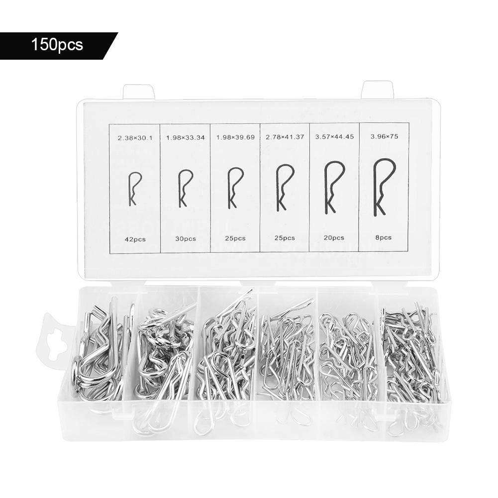 150pcs Carbon Steel Galvanized R Cotter Pin Assortment Hitch Pin Clips Fastener Set 6 Different Sizes with Clear Re-sealable Storage Case for Tow Tractor Light Truck Lawn Mower
