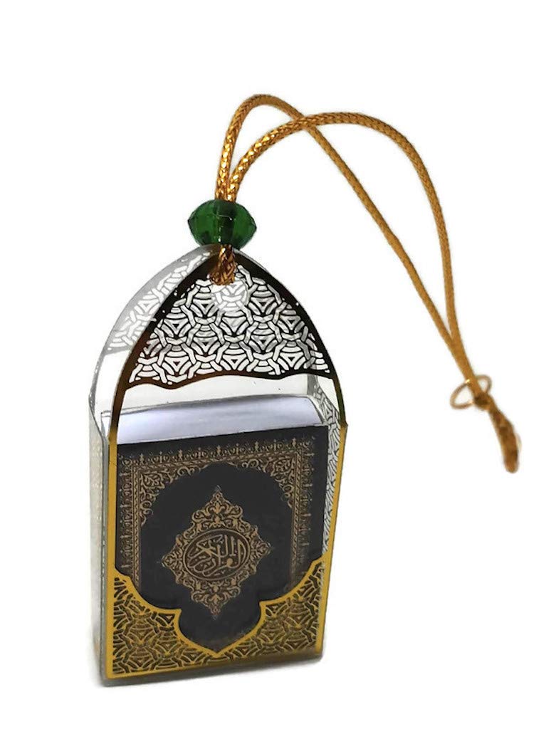 Car Mirror Hanging Decor Ornament AMN-247 Vehicle Necklace Mini Al-Quran in Plastic Box with Hanging Rope Islam Eid Ramadan Muslim Gift (Black/Gold)