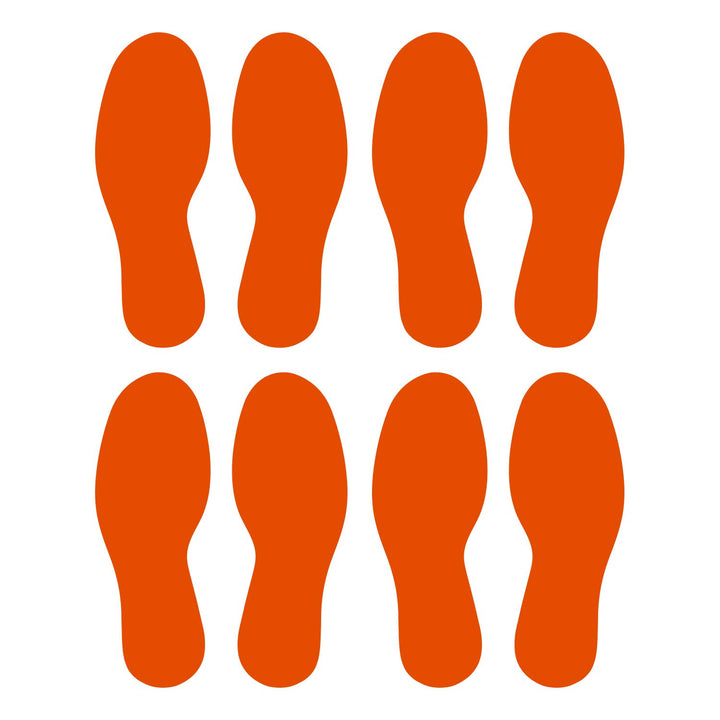 Durable Gloss Finish Orange 10.5 Inch Large Footprint Decal Vinyl Stickers | Great for Floors, Ceilings, Walls, and Most Smooth Surfaces | Pack of 8 Footprints (4 Pairs)