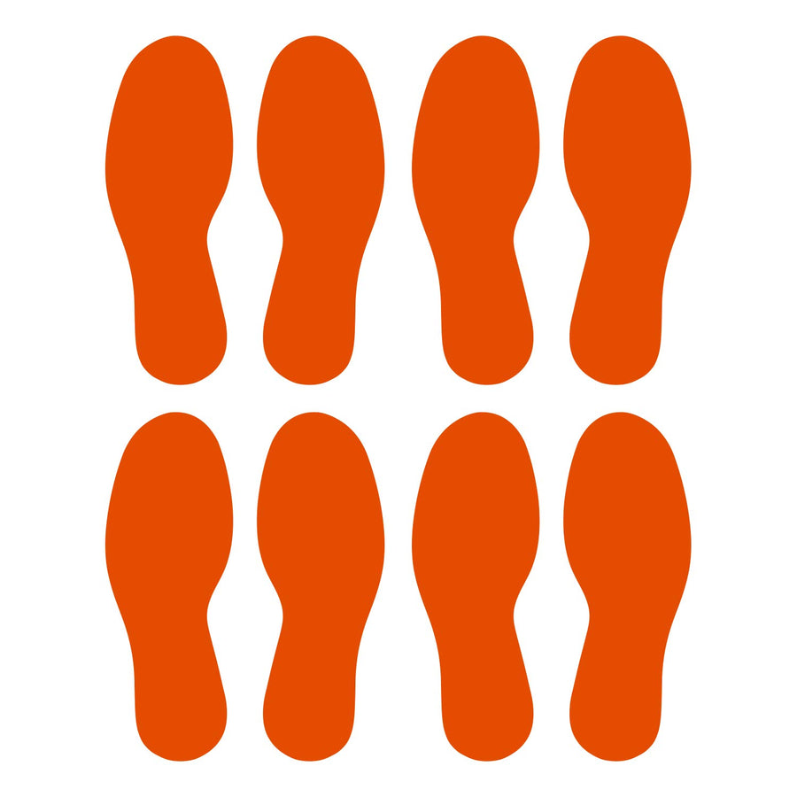 Durable Gloss Finish Orange 10.5 Inch Large Footprint Decal Vinyl Stickers | Great for Floors, Ceilings, Walls, and Most Smooth Surfaces | Pack of 8 Footprints (4 Pairs)