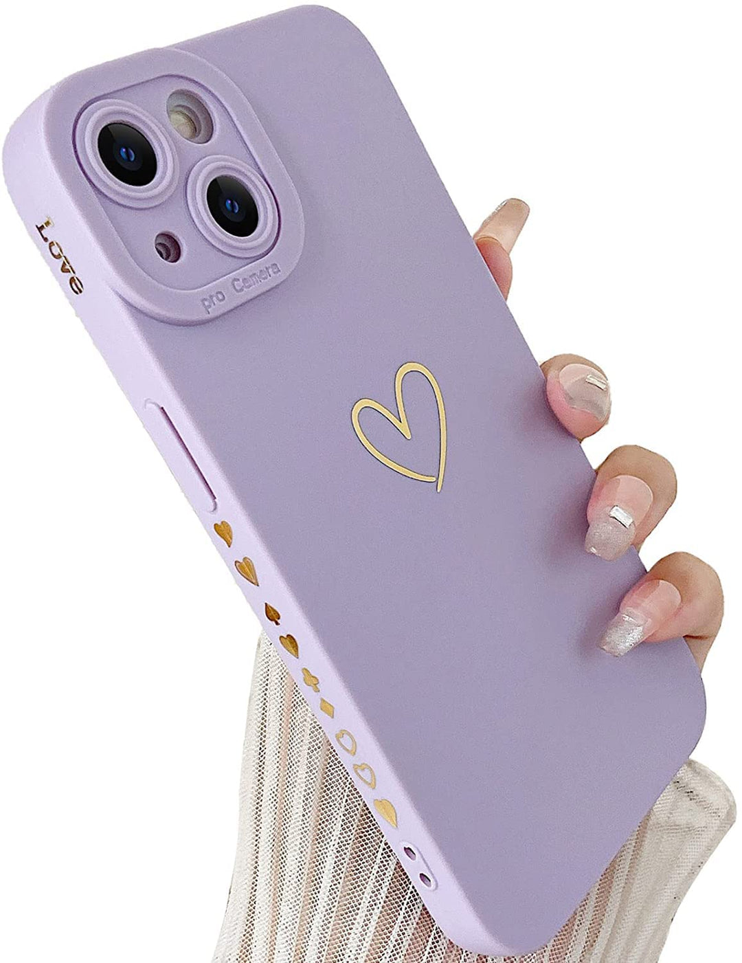 Compatible with iPhone 13 Case Luxury Gold Heart Pattern Soft Liquid Silicone Shockproof Case for Women Girls Side Cute Plated Heart Pattern Slim Phone Case (Purple)