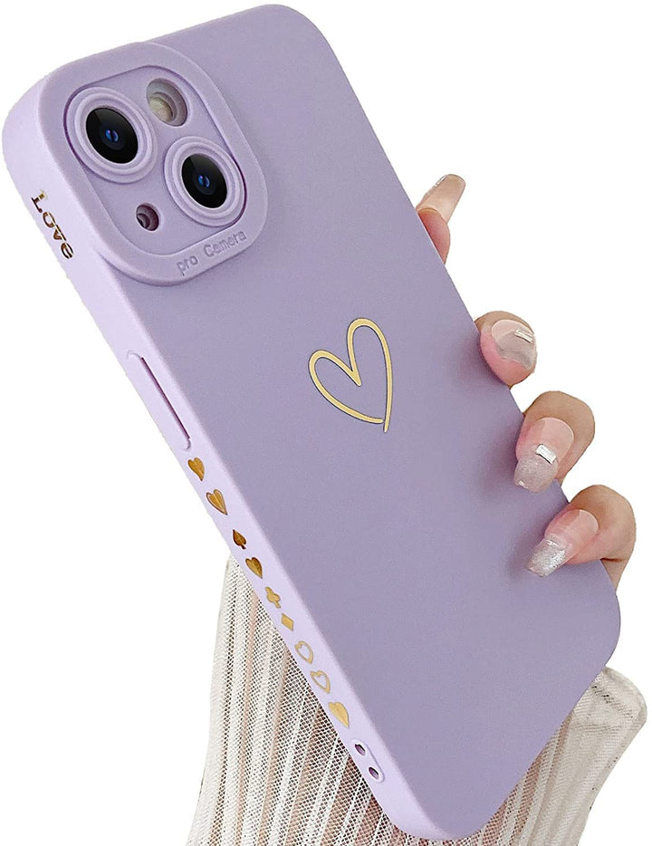 Compatible with iPhone 13 Case Luxury Gold Heart Pattern Soft Liquid Silicone Shockproof Case for Women Girls Side Cute Plated Heart Pattern Slim Phone Case (Purple)
