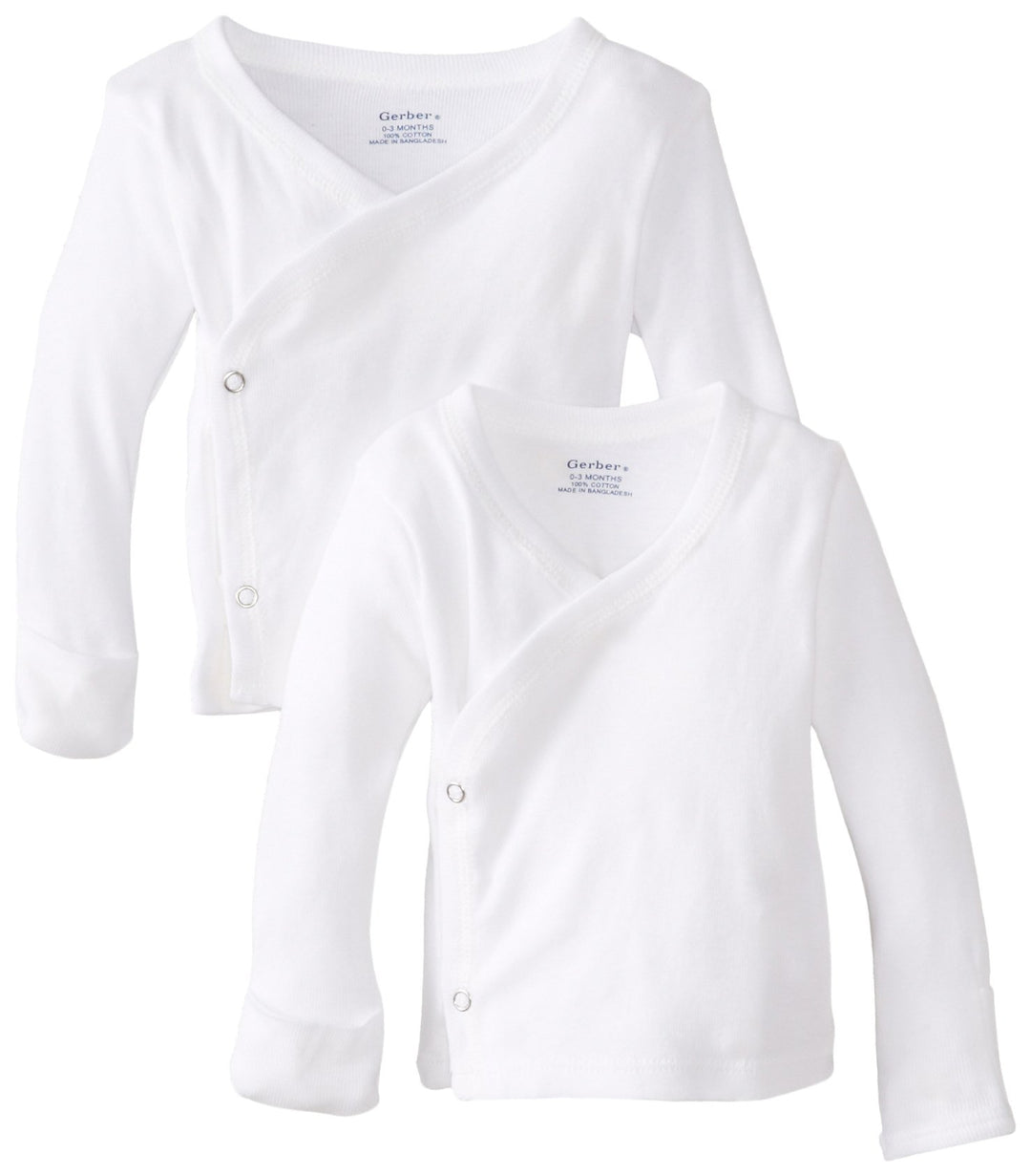 Baby 2-Pack Long-Sleeve Side-Snap Mitten-Cuff Shirt, White, Newborn