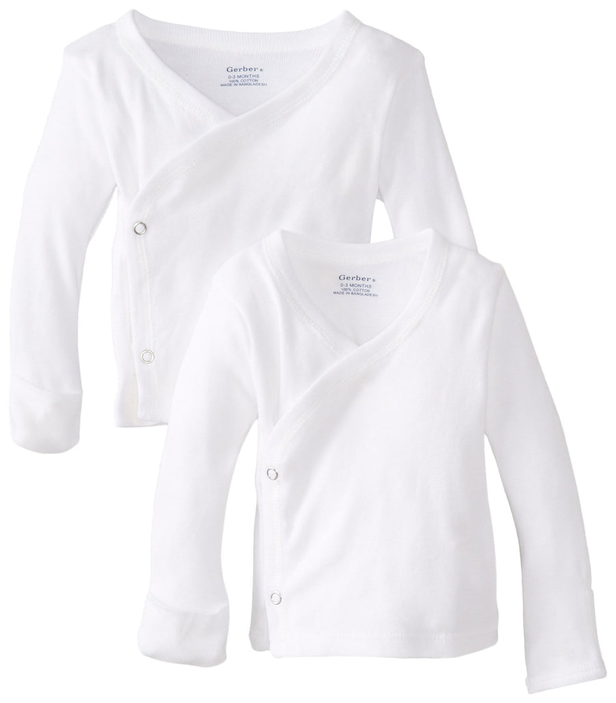 Baby 2-Pack Long-Sleeve Side-Snap Mitten-Cuff Shirt, White, Newborn