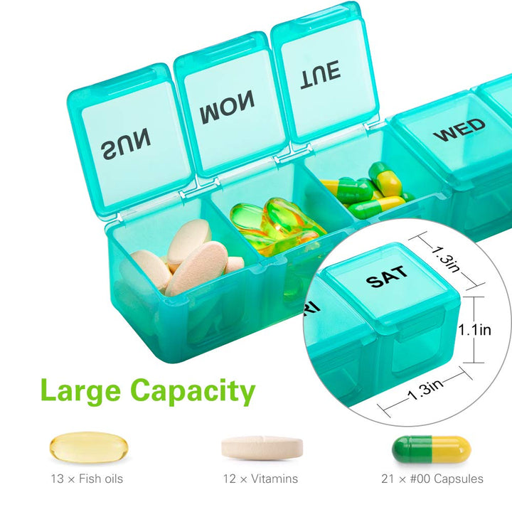 Pill Organizer Large 2 Pack, Extra Large Pill Organizer, Travel Pill Organizer, Weekly Pill Organizer, Large Pill Box, Pill Case, Medicine Organizer(Blue+Green)