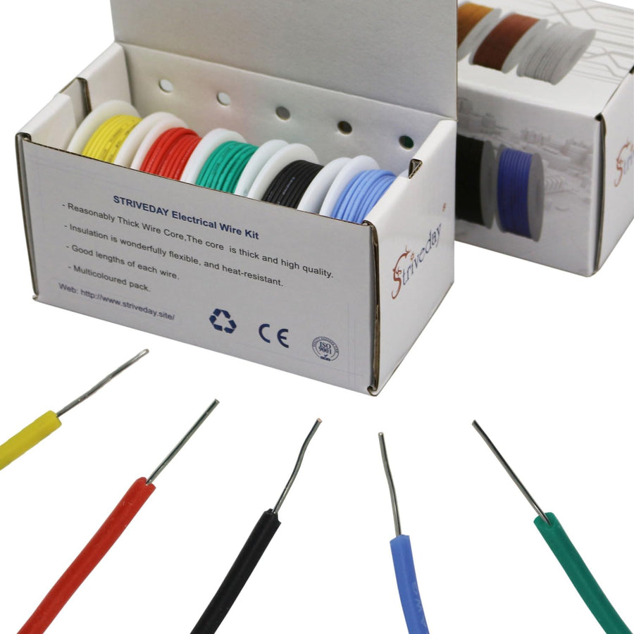 Striveday™ 26 AWG Flexible Silicone Solid Wire Kit Box Tinned Copper Electric Wire 26 Gauge Hook Up Wire 300V Cable (32.8ft Each Color)