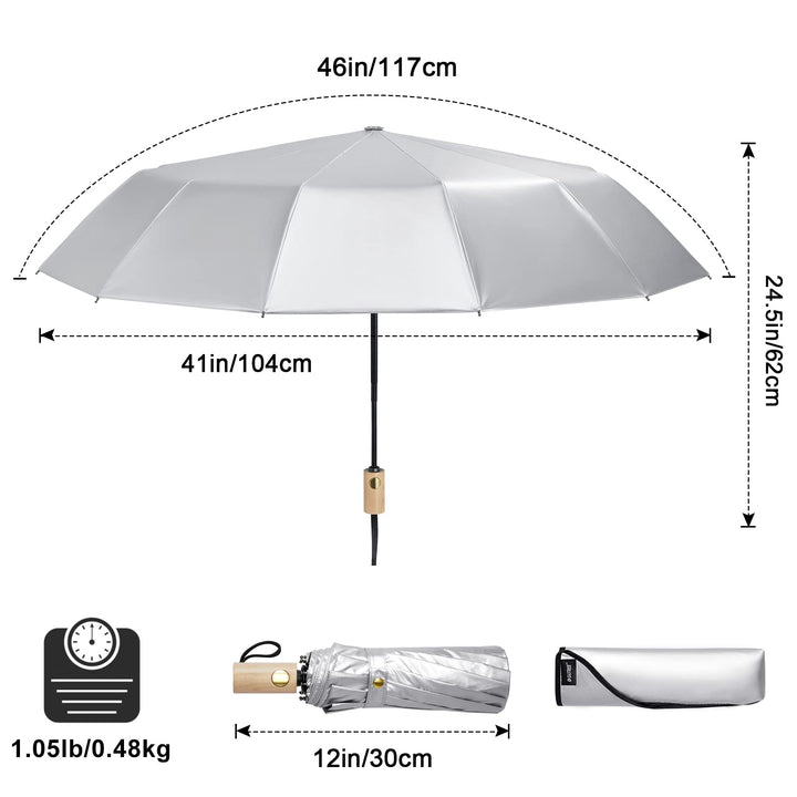 46 Inch UPF 50+ UV Protection Large Travel Umbrella with Wooden Handle, 15 Fibreglass Ribs Super Windproof Sun Blocking Folding Umbrella Auto Open Close (Lake Blue)