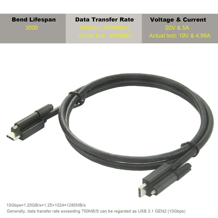 Screw Locking USB C to USB-C Cable 5A USB 3.1 Gen 2 Type C Cable with 10Gbps Data Sync and 100W Power Delivery for Industry Camera and More C Interface Devices (3.3Ft,1.0M)