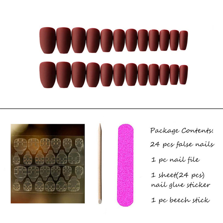 24Pcs Ballerina Matte False Nail Medium Pure Color Full Cover Square Coffin Nails with Glue Sticker Boho Clip on Nails Art Tips Set for Women and Girls (Burgundy)