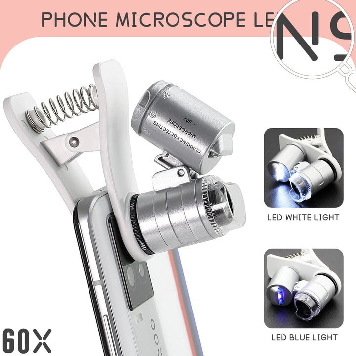 60X Clip-On Microscope Magnifier Lens with LED Lights Jeweler Loupe for iPhone, Samsung and More Mobile Phones (Universal)