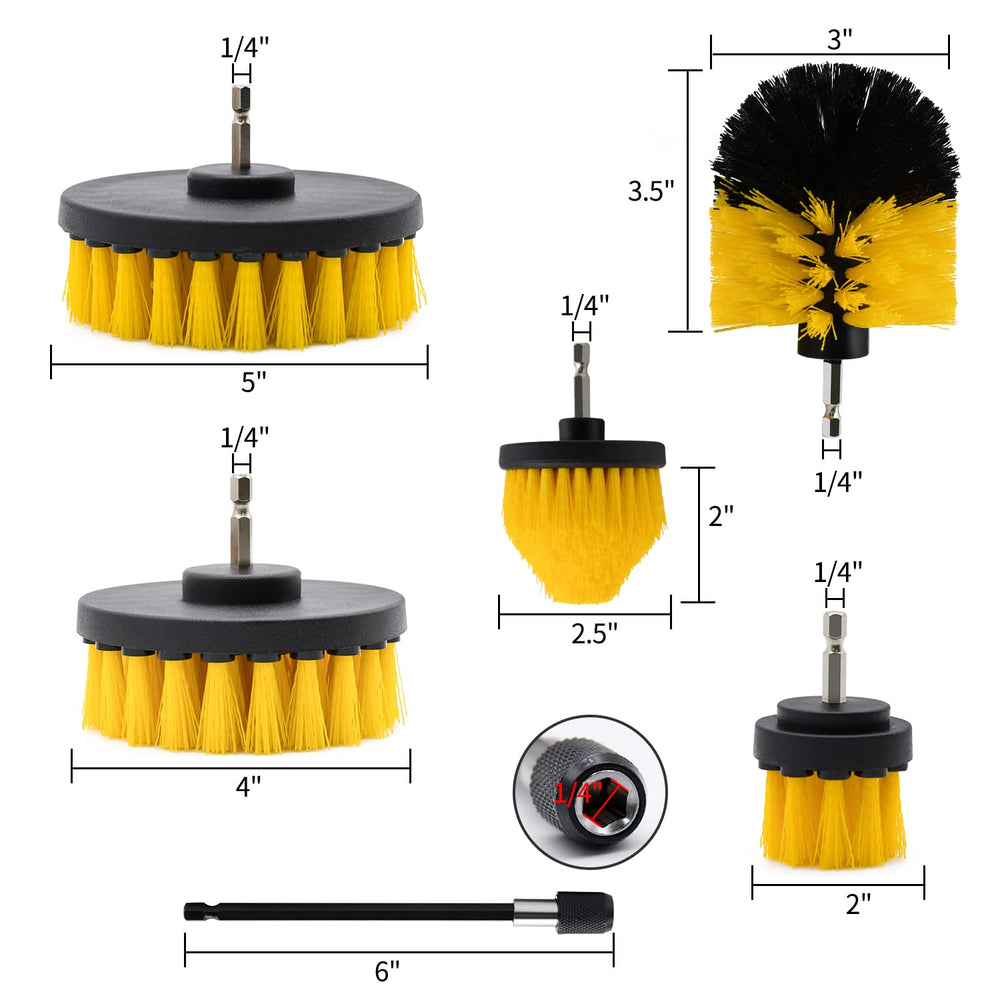 6pcs Drill Brush Attachment Set, 5pcs Scrubber Brushes with 1pcs Extend Long Attachment, Drill Scrub Brush for Cleaning Shower, Tub, Bathroom (6pcs)