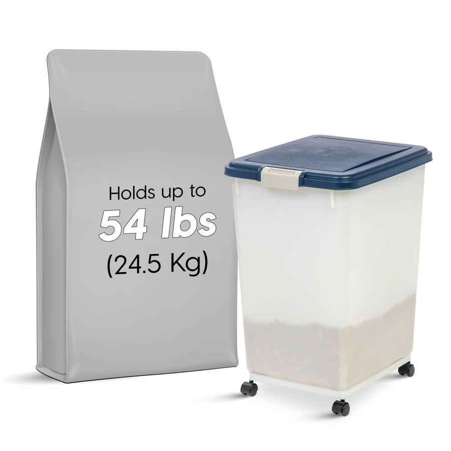 USA Airtight Pet Food Storage Container, Up to 54 lbs, Attachable Wheels, For Dog Cat Bird and Other Pet Food Storage Bin, Keep Fresh, Easy Mobility, BPA Free, Navy/Pearl