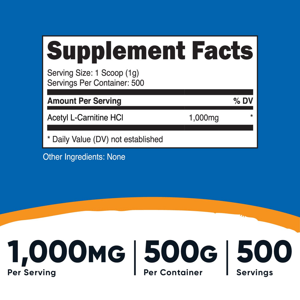Acetyl L-Carnitine (ALCAR) 500 Grams - 1000mg Per Serving - Pure Acetyl L-Carnitine Powder