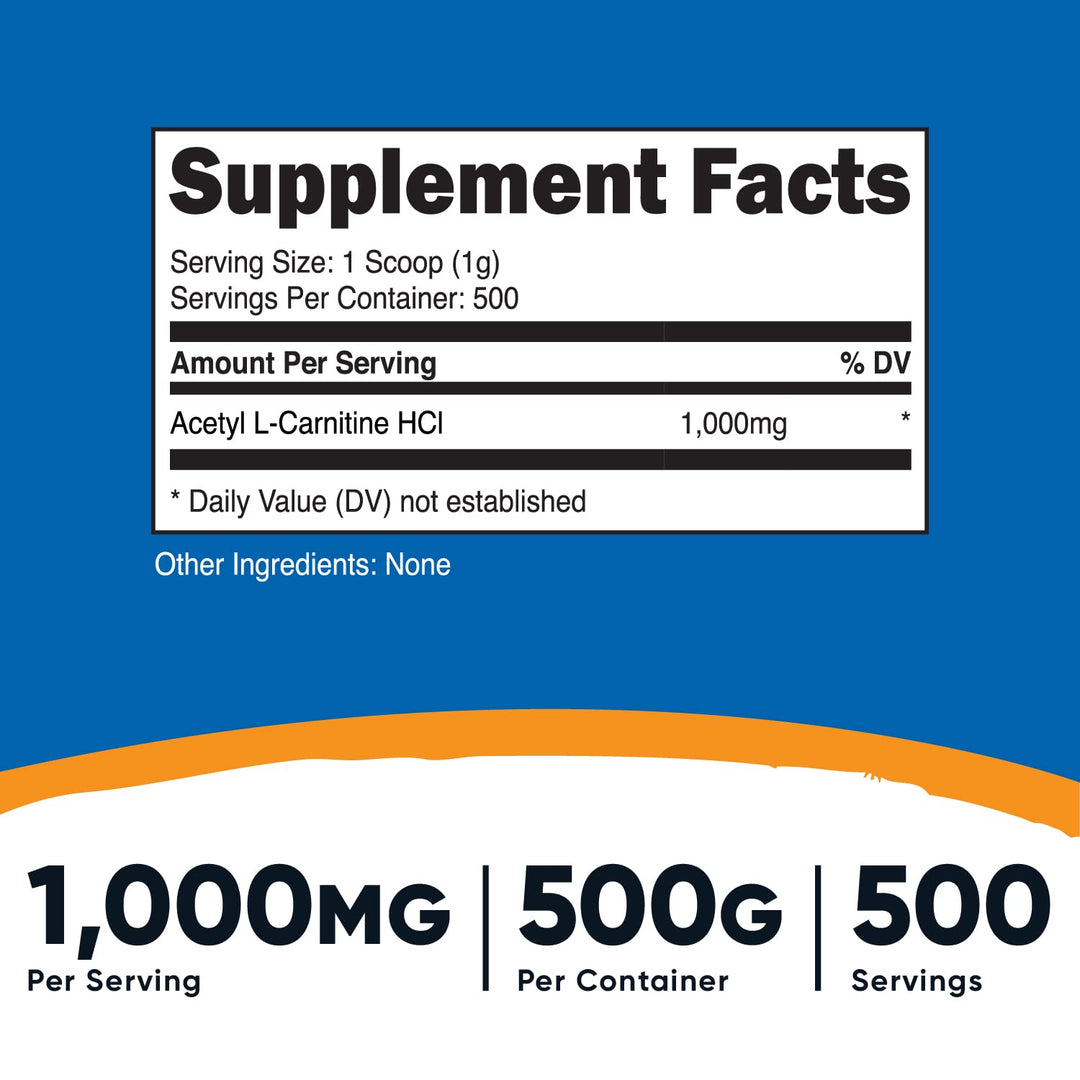Acetyl L-Carnitine (ALCAR) 500 Grams - 1000mg Per Serving - Pure Acetyl L-Carnitine Powder