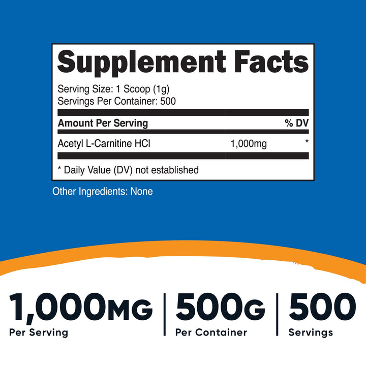 Acetyl L-Carnitine (ALCAR) 500 Grams - 1000mg Per Serving - Pure Acetyl L-Carnitine Powder