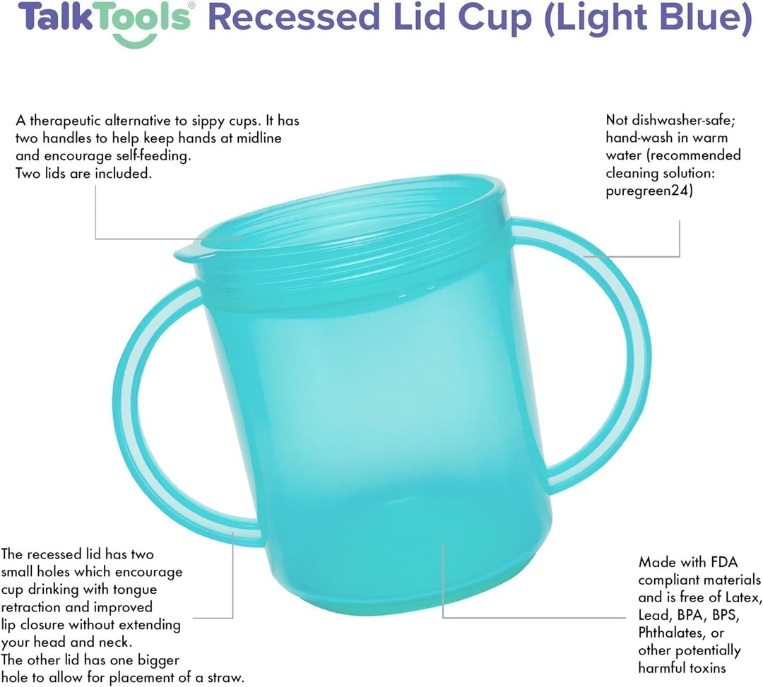 Recessed Lid Cup with Handles - Leak Proof | Promotes Oral Motor Skills, Lip Closure, and Self Feeding | Alternative to Sippy Bottle | Food Grade Materials | Dishwasher Safe (Light Blue)
