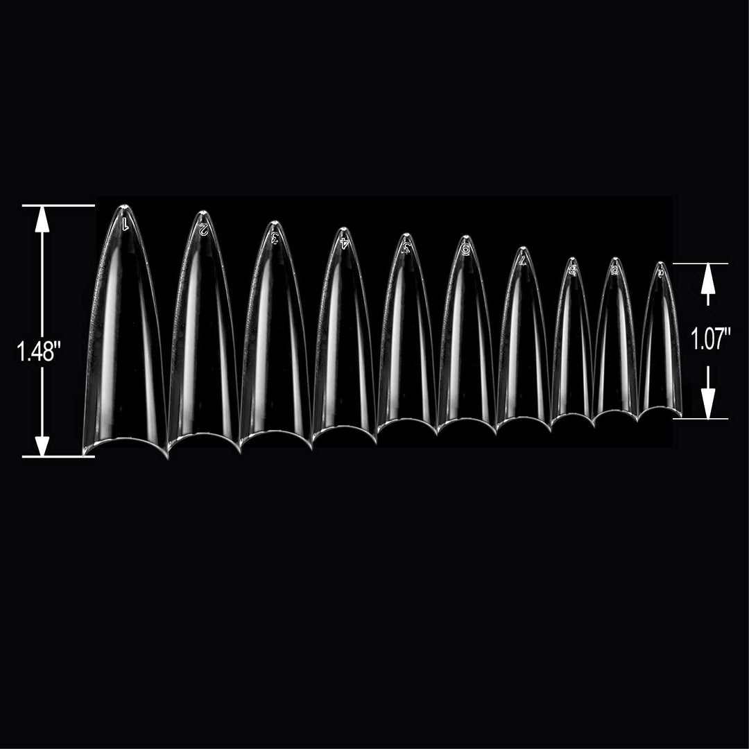 BE.YOU Beyou Clear Long Stiletto 500Pcs Artificial Fake Nail Tips, 10 Sizes 28512 For Nail Salon