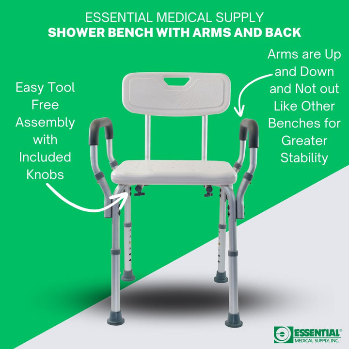 Height Adjustable Shower and Bath Bench with Padded Arms, Contoured Back and Textured Shower Chair Seat - Perfect for The Bath and Shower