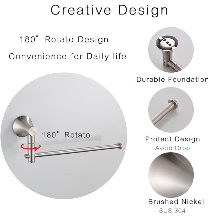 SUS304 Stainless Steel Single Hand Towel Bar 10 Inch with Swing Out Arm, Hotel Style Towel Holder Ring for Bathroom and Kitchen, 360 Degree Rotate, Wall Mounted with Screws, Brushed Nickel Finish