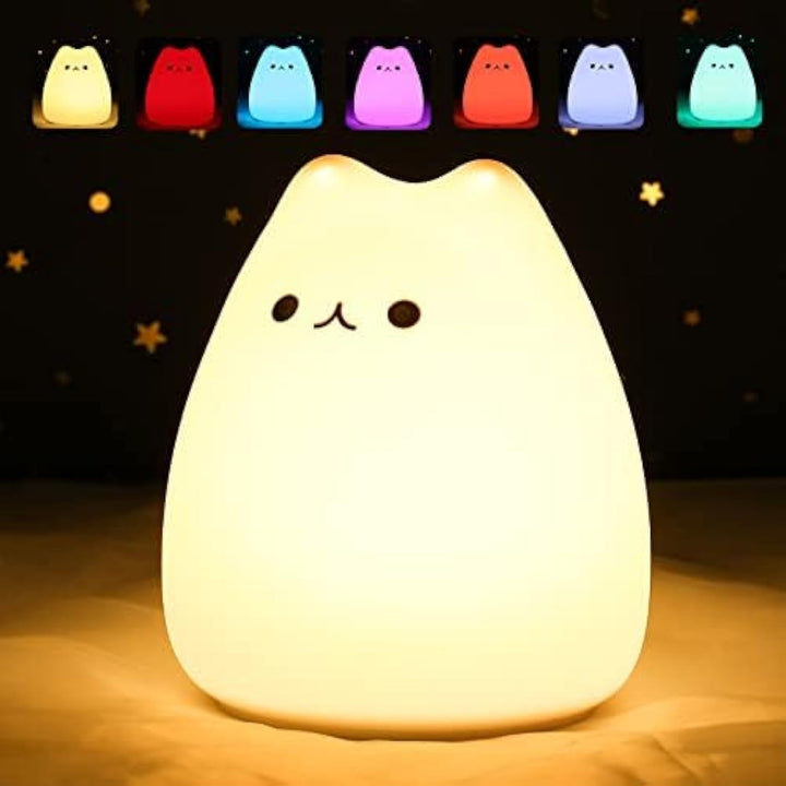Cute Cat Lamp, Night Light for Girls Bedroom, Kitty Lamp Birthday Gifts for Kids Baby Toddler Teen Portable Silicone Kawaii Nightlight Nursery Room Decor (Battery Cat)