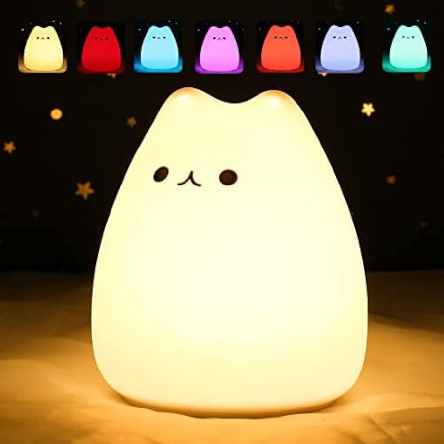 Cute Cat Lamp, Night Light for Girls Bedroom, Kitty Lamp Birthday Gifts for Kids Baby Toddler Teen Portable Silicone Kawaii Nightlight Nursery Room Decor (Battery Cat)