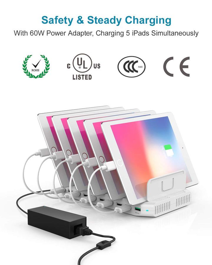 Charging Station for Multiple Devices, USB Charging Dock with Adjustable Dividers, QC 3.0 and SmartIC, iPhone, iPad, Tablet Organizer Stand-(UL Certified)