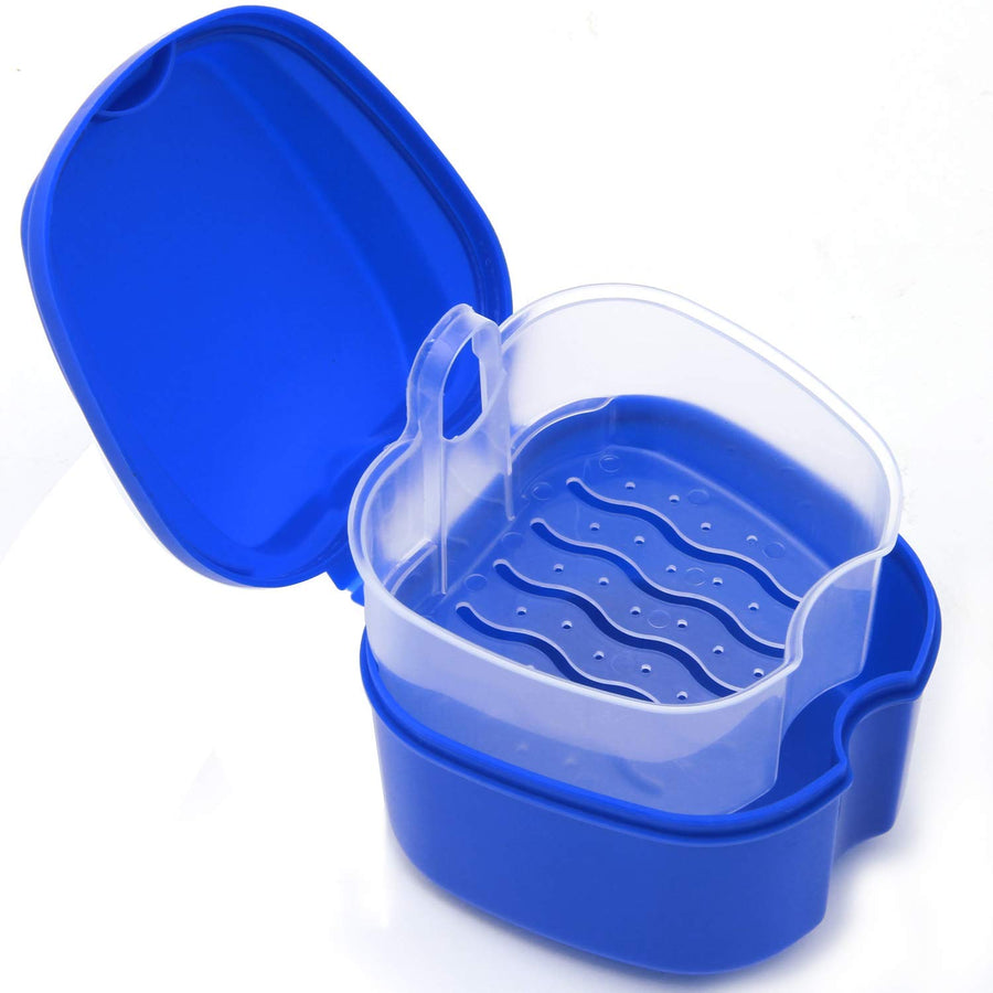 Denture Case, Denture Cup with Strainer, Denture Bath Box False Teeth Storage Box with Basket Net Container Holder for Travel, Retainer Cleaning (Blue) (Dark Blue)