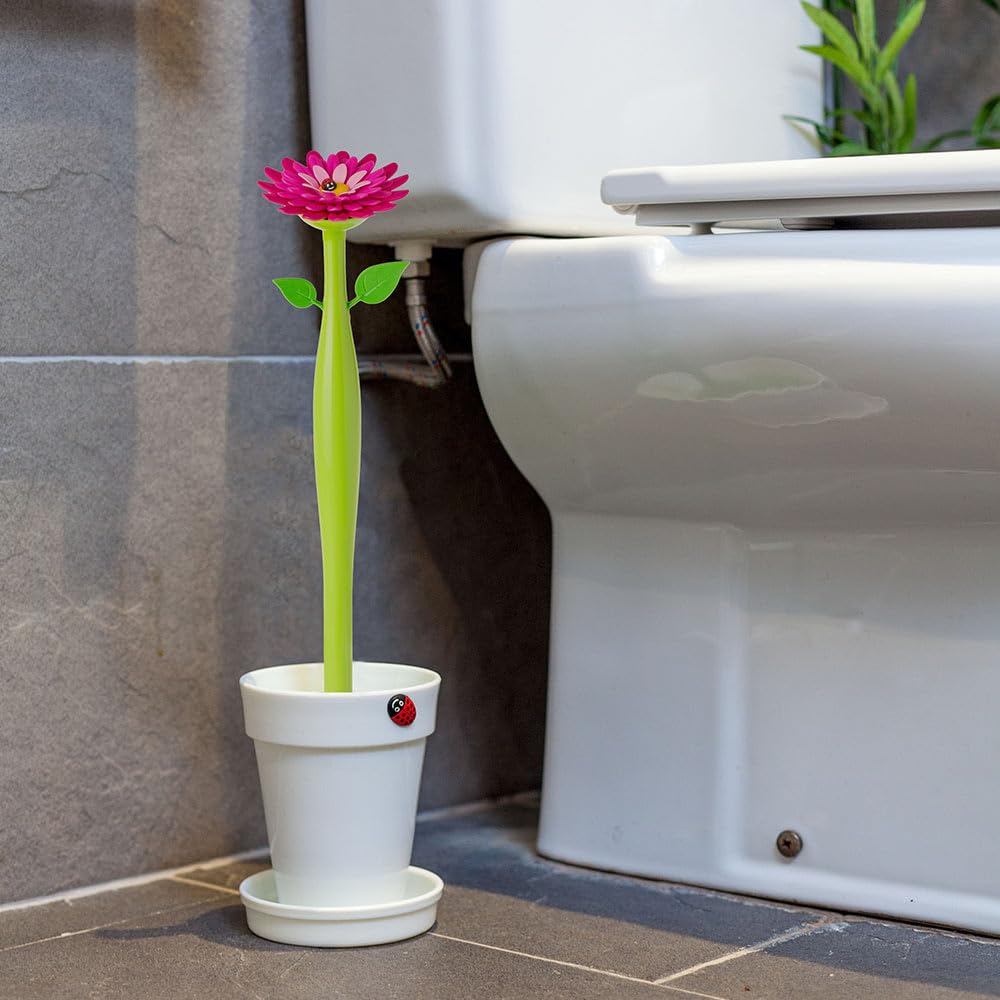 Flower Power Toilet Brush with Holder Set Toilet Brush with Daisy-Shaped Handle, Flowerpot Base with Saucer Durable Bristles for Bathroom, White