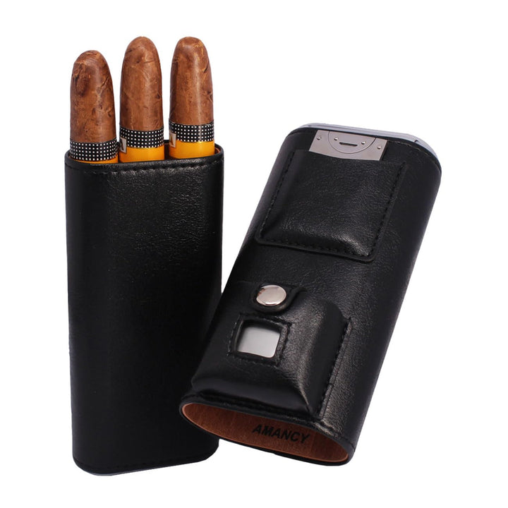 Superior 3 Holder Black Leather Cedar Wood Liner Cigar Case Combo Set with Lighter and Cutter Perfect Completed Gift Kit for Cigar Lovers