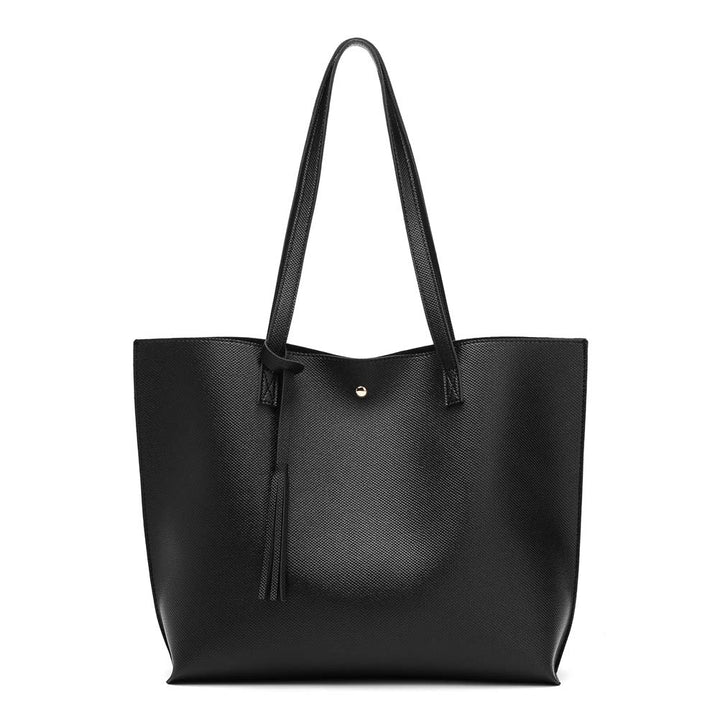 Women's Soft Faux Leather Tote Shoulder Bag from, Big Capacity Tassel Handbag Black-a