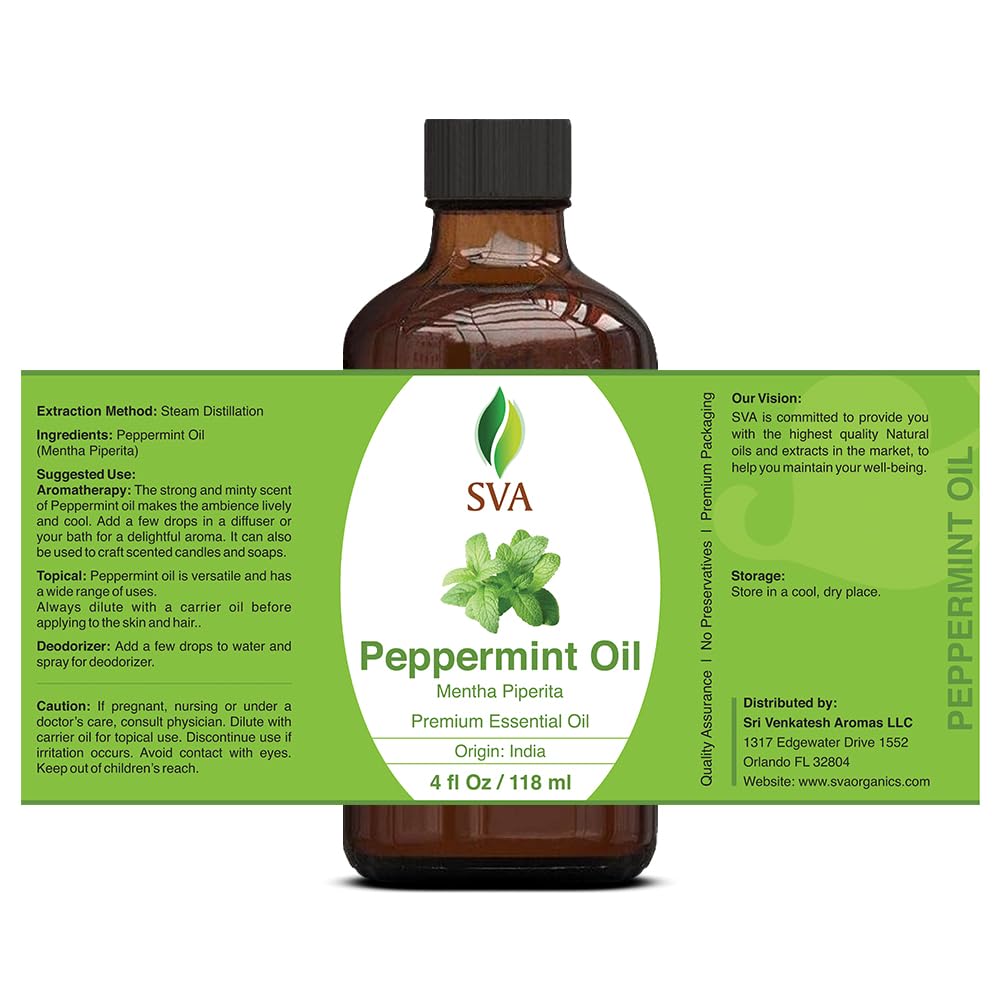 SVA Peppermint Piperita Essential Oil – 4 Fl Oz – 100% Natural Piperita Oil - for Diffuser, Hair Care, Face, Skin Care, Aromatherapy, Scalp and Body Massage, Soap and Candle Making - with Dropper