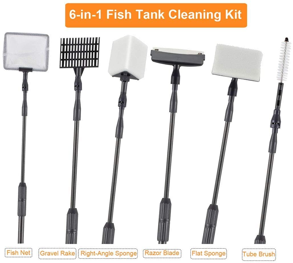 Carbon Fiber 6 in 1 Aquarium Cleaning Tool Kit Al-gae Scraper Scrubber Pad Sponge Telescopic Handle Fish Tank Brush Cleaner Set for Saltwater Freshwater