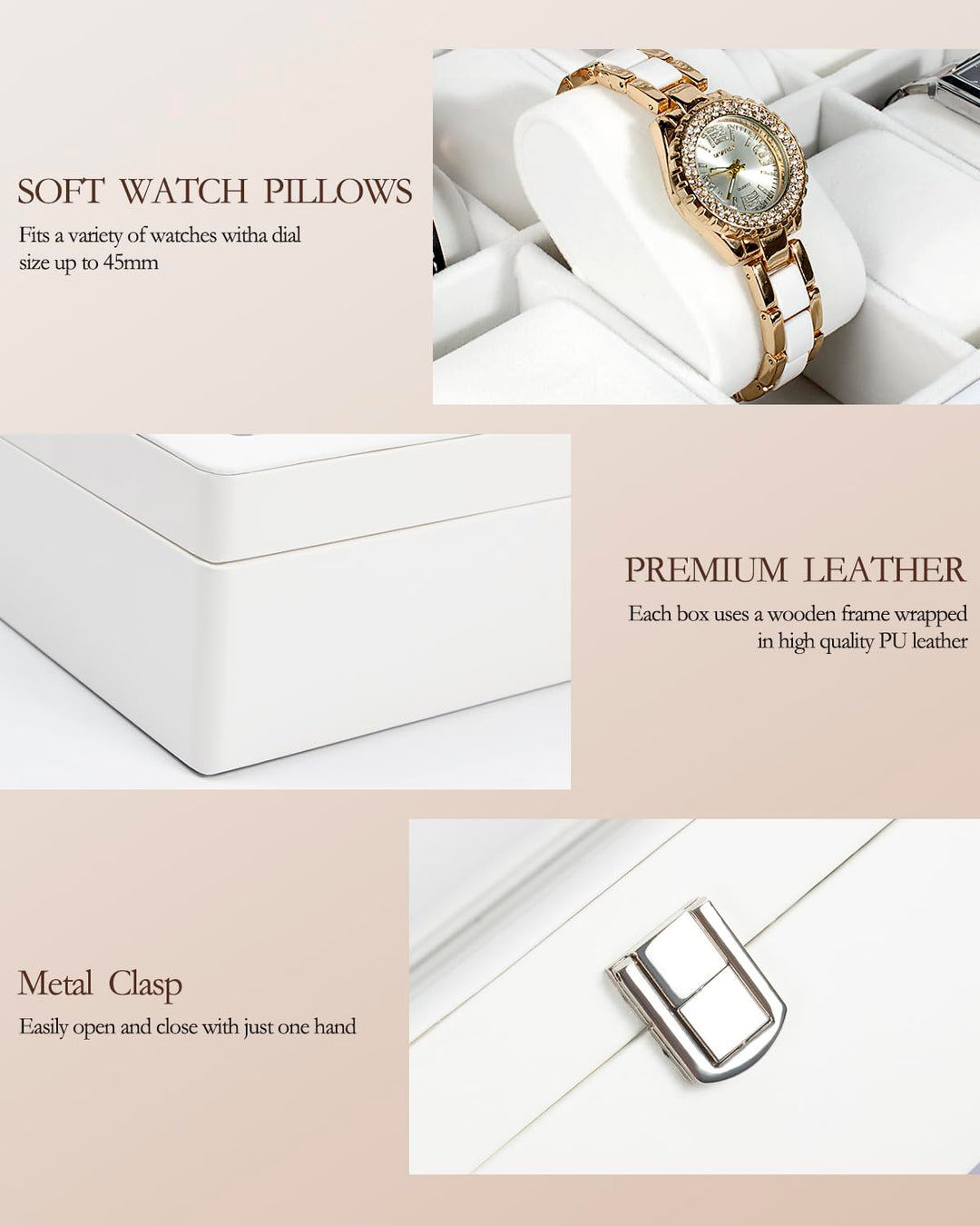Watch Box, 12 Slot Watch Case with Large Real Glass Lid, Watch Organizer with Removable Watch Pillow, White Synthetic Leather Watch Display, White