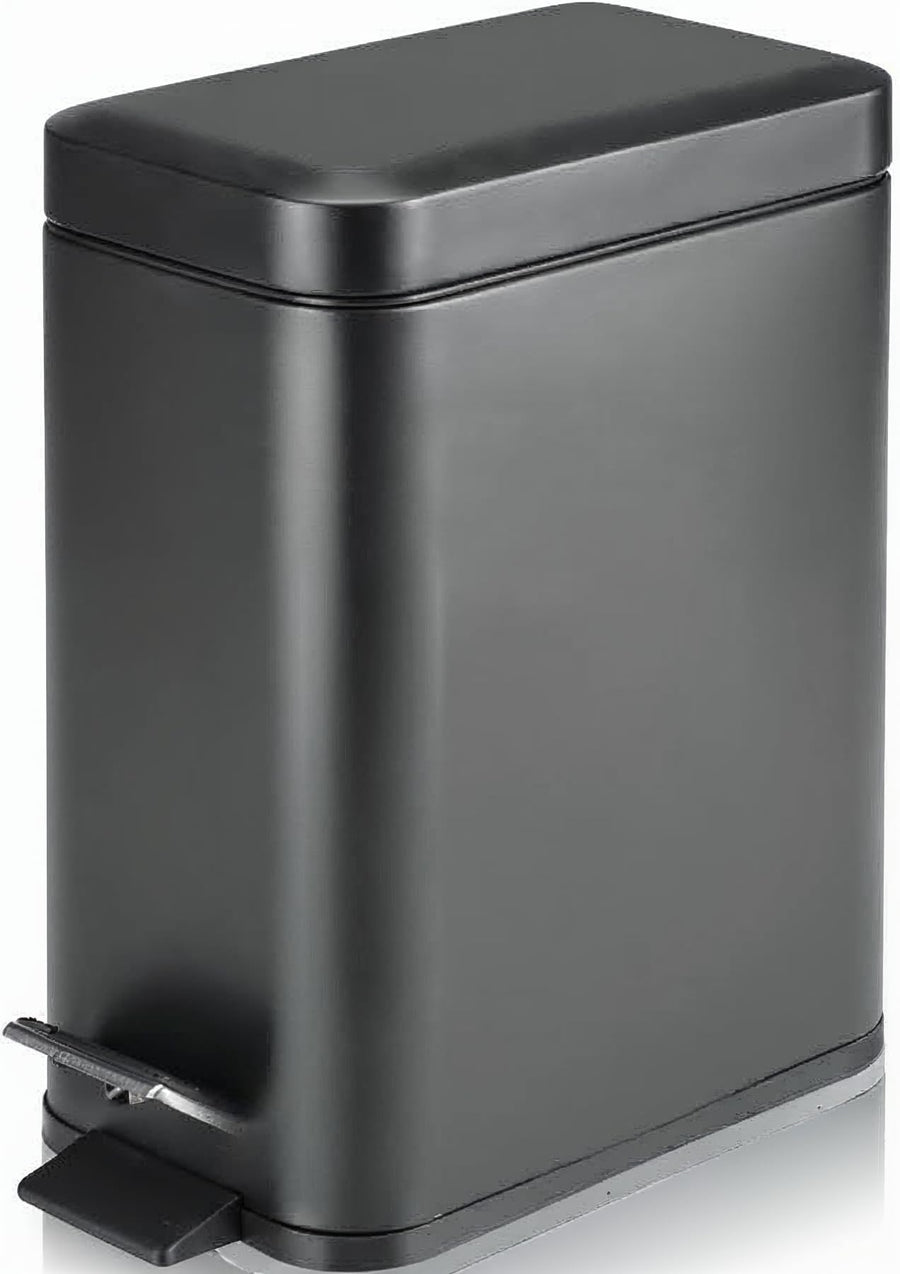 Soft Close, Slim Trash Can 1.6 Gallon with Anti - Bag Slip Liner and Lid, Use as Mini Garbage Basket, Slim Dust Bin, or Decor in Bathroom, Restroom, Kitchen, or Bedroom (Matte Black)