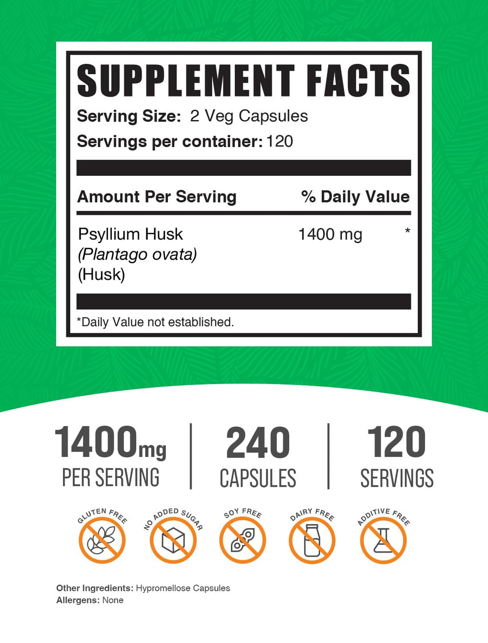 .com Psyllium Husk Capsules - Psyllium Supplement, Psyllium Husk Fiber Capsules - Vegan & Gluten Free, 2 Capsules per Serving, 240 Veg Capsules (Pack of 1)