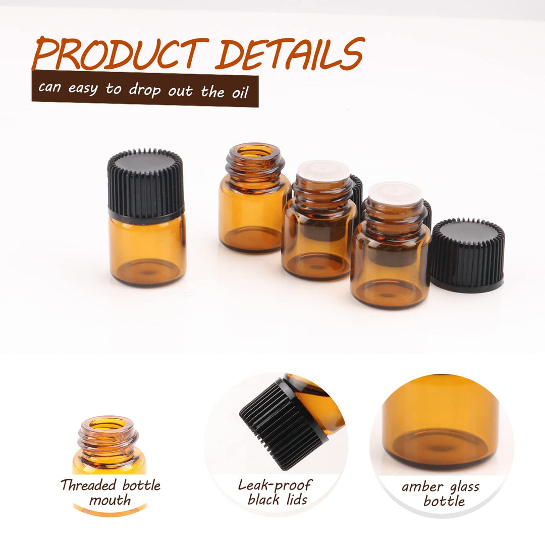 100 Packs Essential Oil Bottles,1ml(1/4 dram) Mini Sample bottle Amber Glass Vials,With With 3 Free Dropper