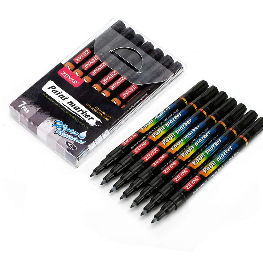 Black Acrylic Paint pen, Water Based, Set of 7, Extra Fine Point, Great for Rock Painting, Ceramic, Glass, Wood and smooth surfaces, Opaque ink (Black)