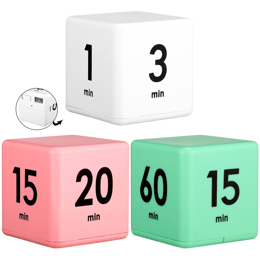 3 Pieces Cube Timers Gravity Sensor Flip Timer Egg Timer Kids Timer Workout Timer Study Timer and Game Timer for Time Management, 1, 3, 5, 10 Minutes and 15, 20, 30, 60 Minutes (White, Yellow, Blue)