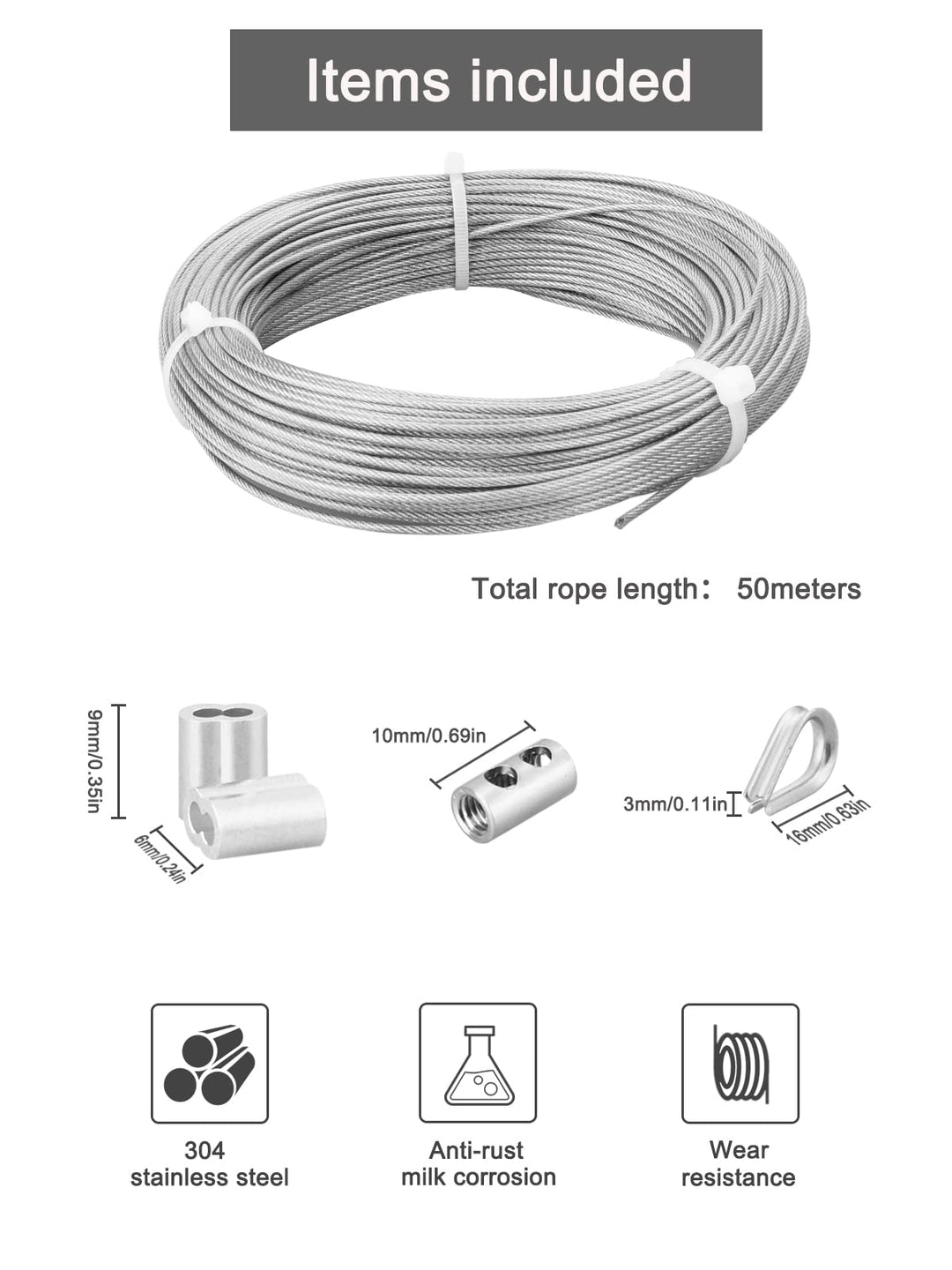 1/16 Wire Rope,165ft Vinyl Coated Stainless Steel Wire Cable 1/16, 7x7 Strands Aircraft Cable with Crimping Loops,M2 Wire Rope Clip,Thimbles,for Lights Hanging,Climbing Plants Supports