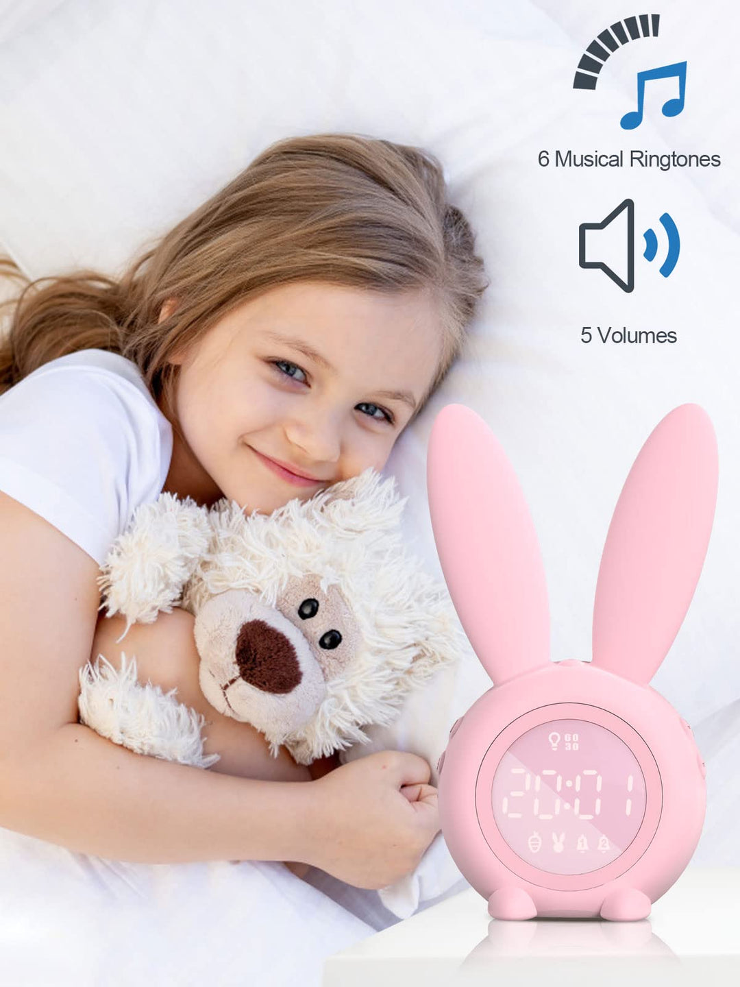 Kids Alarm Clock - Digital Wake Up Clock, Dimmable Ambient Lighting, Cute Rabbit Design, 5 Ringtones - Rechargeable, Perfect for Bedrooms