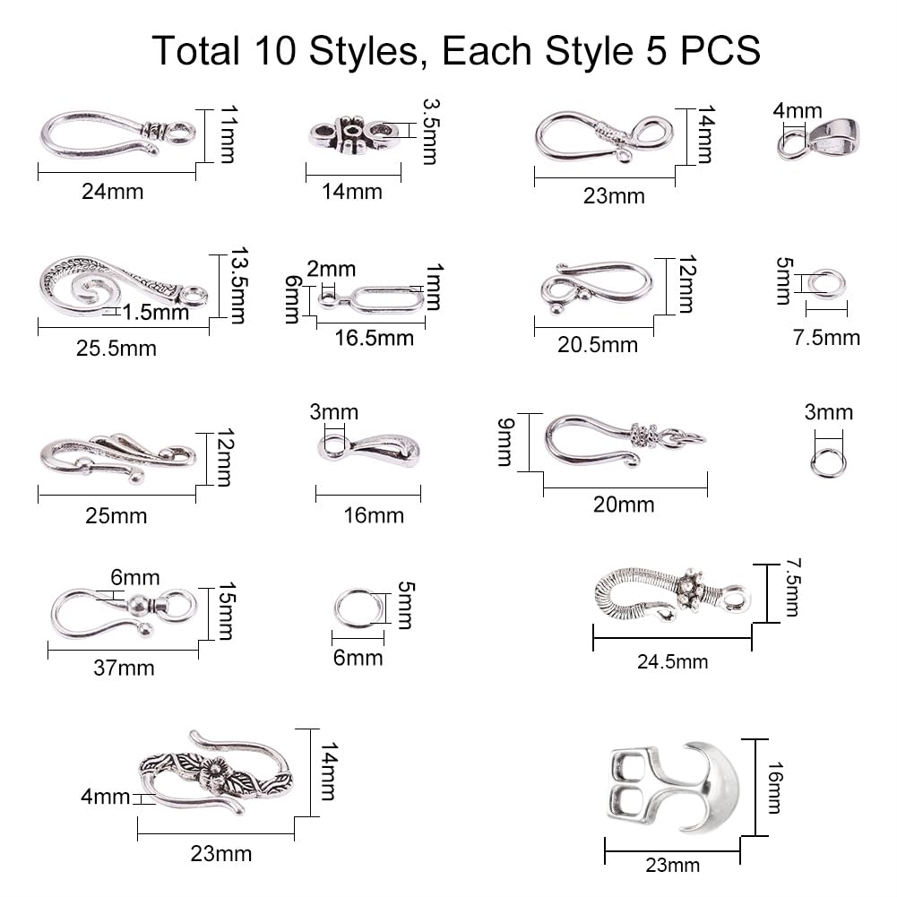 50 Sets 10 Styles S Hook Ring Toggle Clasps End Clasps Antique Silver Tibetan Jewelry Clasps for Bracelet Necklace Jewelry Making