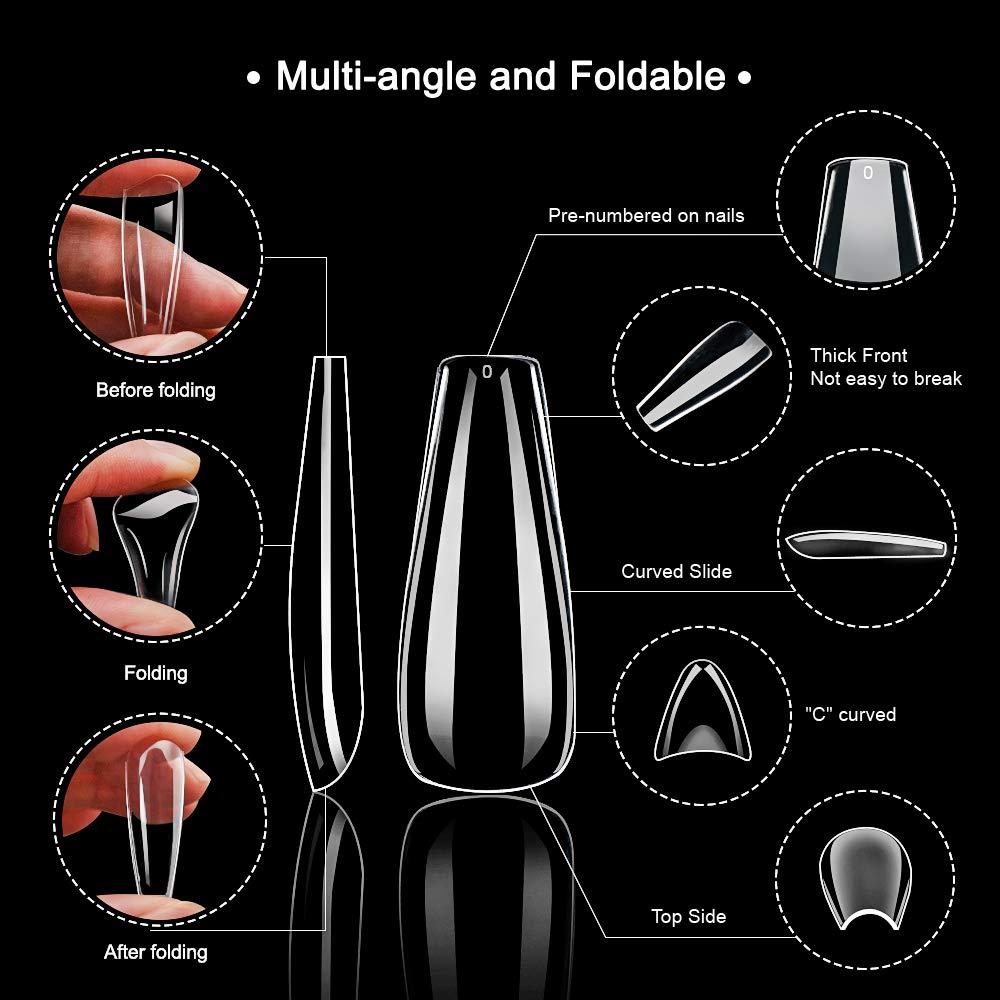 Clear Long Coffin Shaped Fake Nails, Ballerina Full Cover Acrylic Nail Tips, 100pcs Artificial False Nails with Nail File/Cuticle Pusher/Case for Salon Nail Art, DIY Long Coffin Nails Design Kit