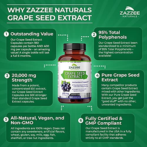High Strength Grape Seed 50:1 Extract, 180 Vegan Capsules, 95% Polyphenols, 400 mg per Capsule, 6 Month Supply, Standardized and Concentrated 50X Extract, Non-GMO, Made in The USA