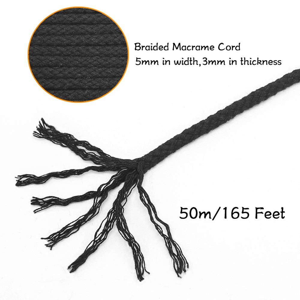 Black Macrame Cord, 165 Feet 5mm Wide Braided Cotton Rope for Macrame Plant Hangers, Wall Hangings, DIY Crafts, Halloween Decor
