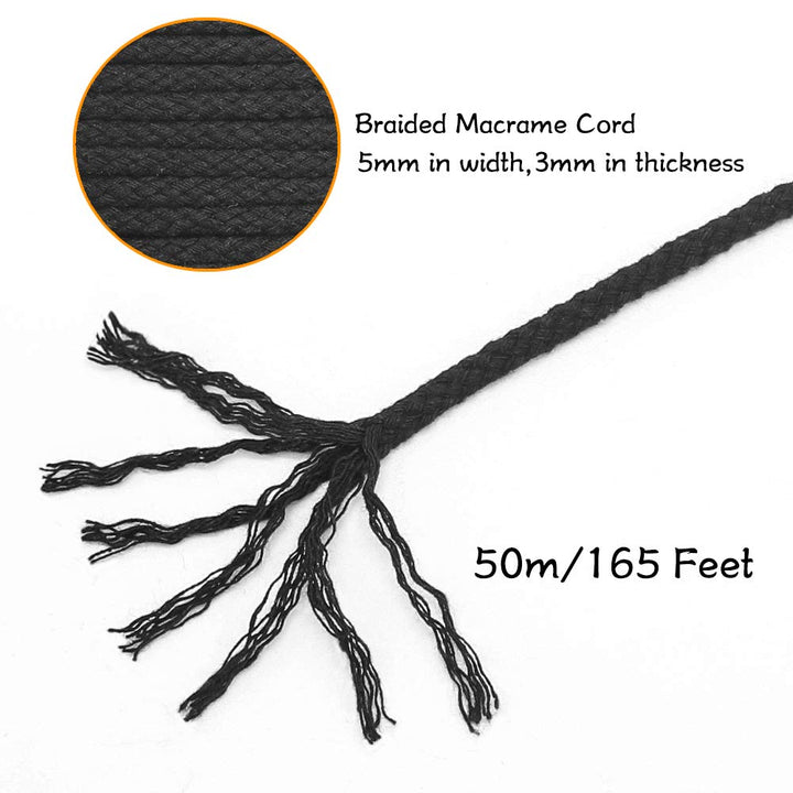 Black Macrame Cord, 165 Feet 5mm Wide Braided Cotton Rope for Macrame Plant Hangers, Wall Hangings, DIY Crafts, Halloween Decor