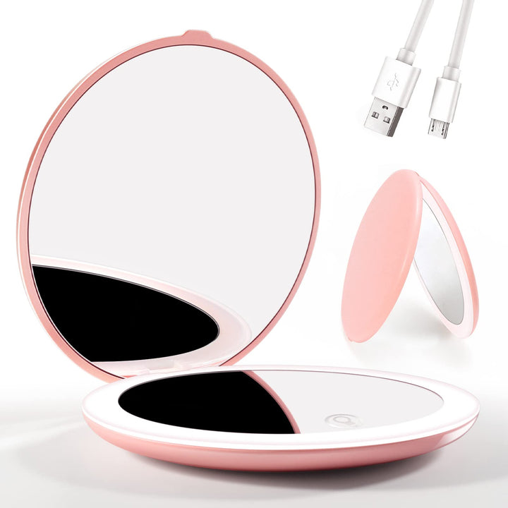 LED Lighted Compact Mirror,4 Inch 1X/5X Magnification Travel Makeup Mirror,Rechargeable Portable Compact Mirror with Light for Handbag, Purse, Pocket, White
